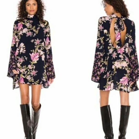 Free People Tate High Neck Tunic/Mini Dress in Navy Floral Combo sz small - Picture 2 of 6
